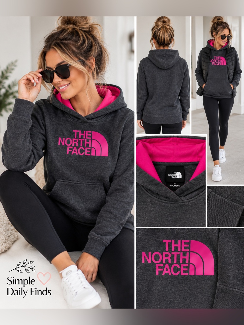 The North Face Women’s M Charcoal Gray Hot Pink Logo Pullover Hoodie